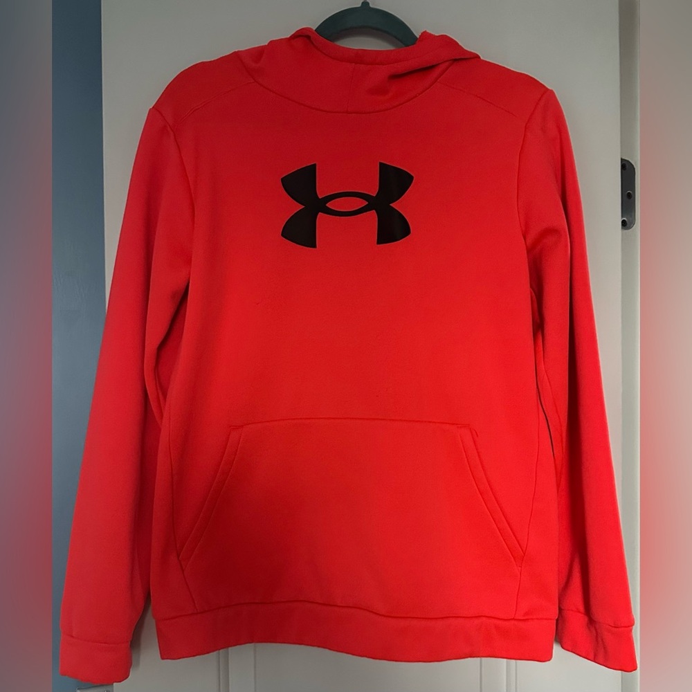 UNDER ARMOUR Size XL Boys Neon Orange Hooded Long Sleeve Sweatshirt with Pockets